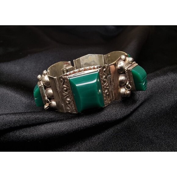 Vintage Taxco Signed Sterling Silver Bracelet With Green Onyx Stones 925 - Picture 4 of 5